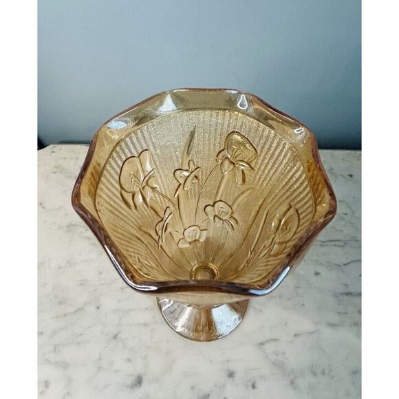 Vintage Jeanette Marigold Carnival Iridescent Glass Vase Iris Herringbone Peach - Picture 9 of 13